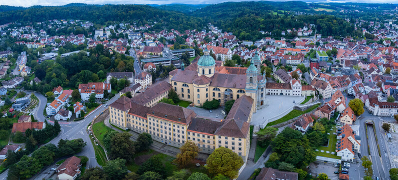 Aerial view beside the old town of the city and monastery Weingarten in south Germany, Baden-w&uuml;rttemberg on a sunny spring day