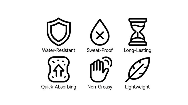 The waterproof and sweat resistant, lightweight and non greasy makeup icon represents long-lasting and comfortable makeup holding, suitable for promoting base makeup products.
