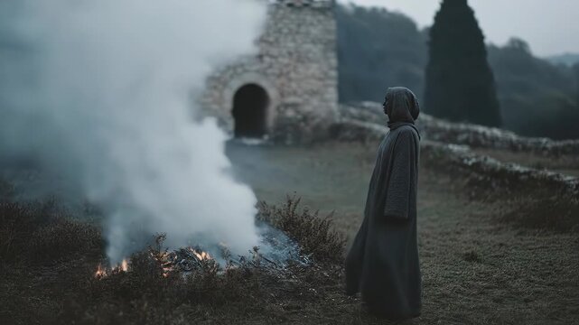 Woman in hooded cloak approaches ancient stone ruins. She tends to smoke rising from bushes in misty landscape. Mysterious outdoor ritual with fire emerging in foggy wilderness scene.