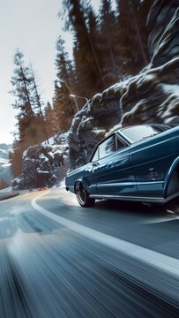 Classic Blue American Muscle Car Drifting on Snowy Mountain Road with Rocky Cliffs and Pine Trees