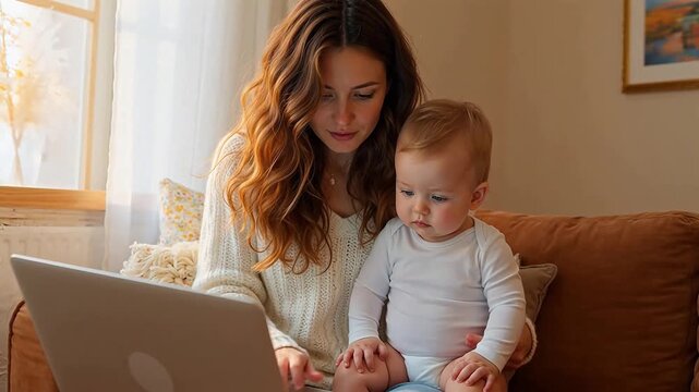 Woman with baby on couch using laptop