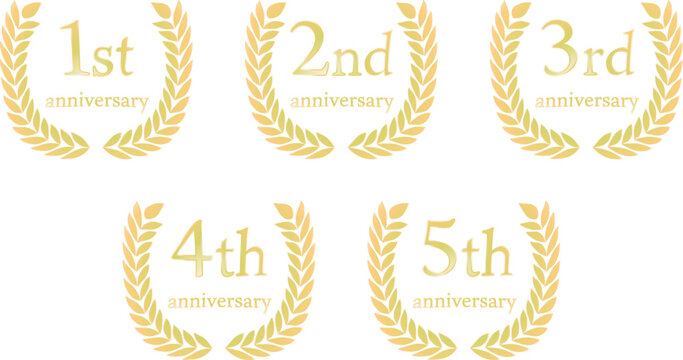 1周年から5周年まで使える金色の月桂樹リースと英字を組み合わせたアニバーサリーロゴセット（記念イベント・表彰デザイン向け）