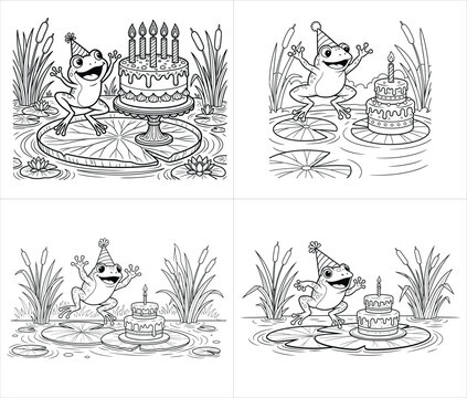 cute frogs with party hats and birthday cakes on lily pads in pond for kids coloring design vector illustration artwork
