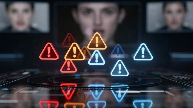 Medium shot of AIdriven dashboard displaying realtime anomaly alerts with sharp focus on warning icons blurred background highlighting flagged deepfake footage.