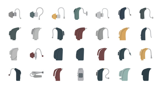 Assortment of Various Modern Hearing Aids in Different Colors.