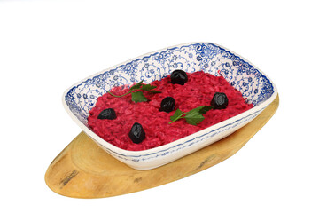 Healthy Beetroot Yogurt Dip with Garlic and Dill in a Bowl