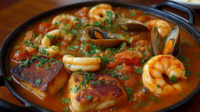 Close-up of seafood risotto bubbling in a pan, creamy rice with shrimp and shellfish cooking, steam rising, capturing rich texture and gourmet culinary process.