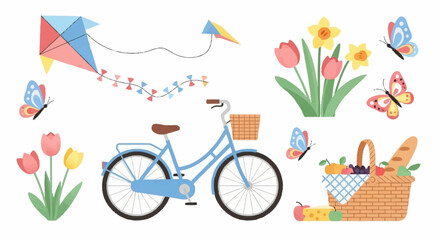 Fototapeta premium Springtime Adventure Bicycle Kites and Colorful Flowers