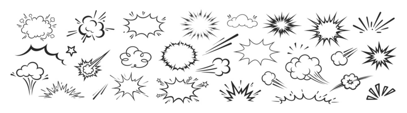 Cartoon comic speed lines, explosion effects, boom burst elements, hand drawn doodle sketch style, vector illustration set on transparent background