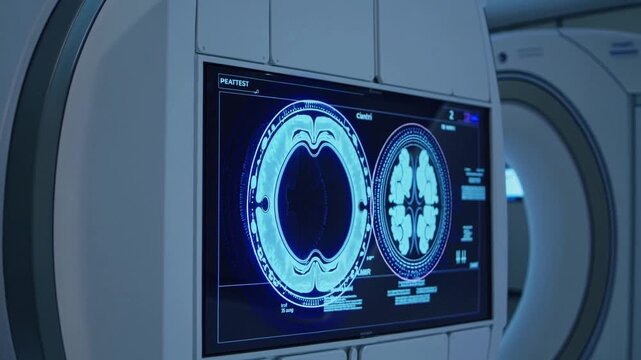 MRI brain scan monitor beside clinical scanner with illuminated bore, axial and sagittal views displayed on screen, technician workflow, cool blue lighting, diagnostic protocol and careful patient
