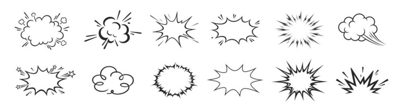 Hand drawn comic explosion burst and speech bubble doodle set, cartoon boom cloud and impact effect elements vector illustration on transparent background