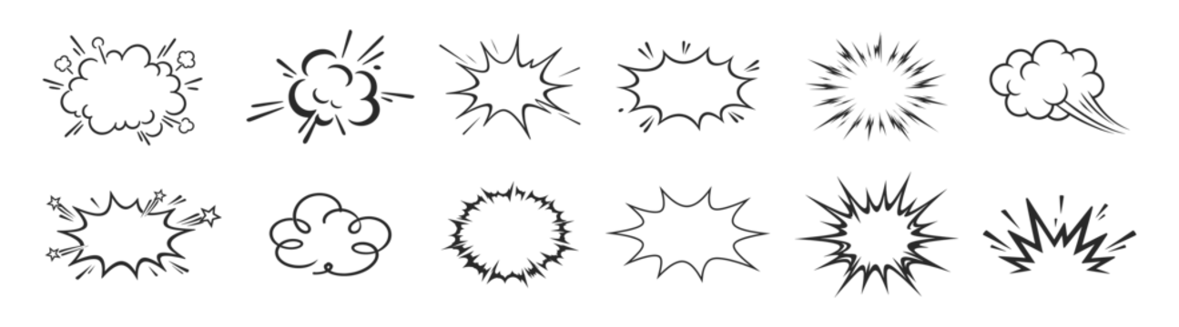 Hand drawn comic explosion burst and speech bubble doodle set, cartoon boom cloud and impact effect elements vector illustration on transparent background