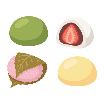 Set of colorful traditional Japanese mochi wagashi desserts including ichigo daifuku and sakura mochi isolated on white background