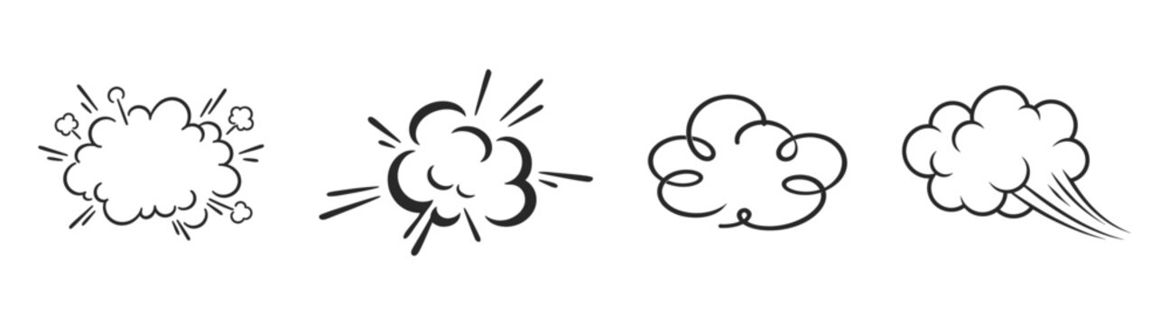 Hand drawn comic smoke cloud set, explosion effect doodle elements, speed motion lines, cartoon vector illustration on transparent background