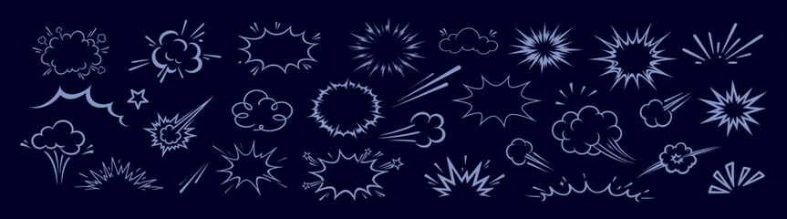 Comic boom burst, explosive motion line elements, speed effect, explosive smoke, cartoon vector icon set, hand drawn dynamic action elements © Ira