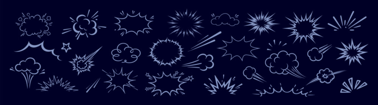 Comic boom burst, explosive motion line elements, speed effect, explosive smoke, cartoon vector icon set, hand drawn dynamic action elements