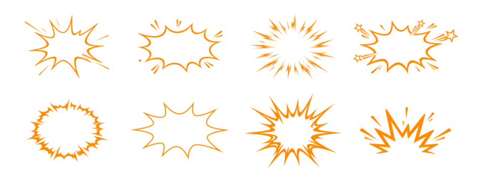 Hand drawn comic explosion burst star shape doodle set, cartoon boom sunburst and impact effect elements vector illustration on transparent background