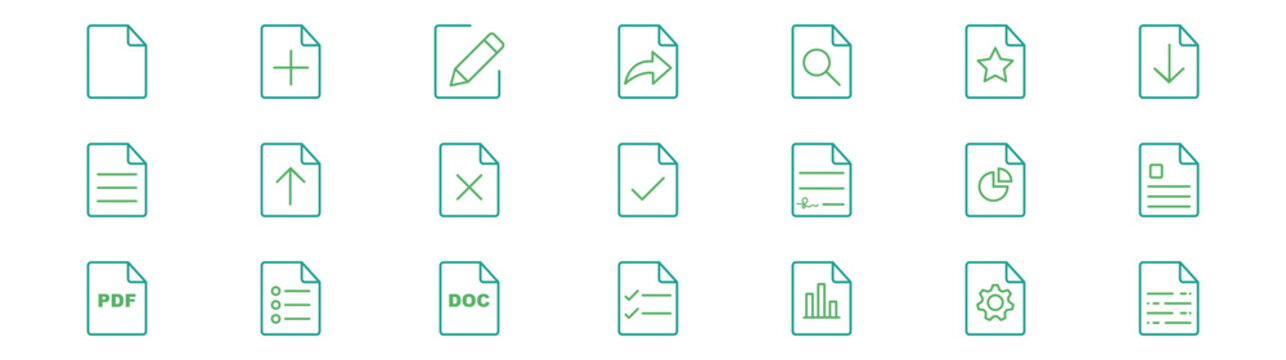Document and File Management Outline Icon Set for UI/UX Design. PDF, DOC, and File Type Minimalist Vector Icon Pack. Set of file and document Icons. Clipboard web icons in line style. Checklist report