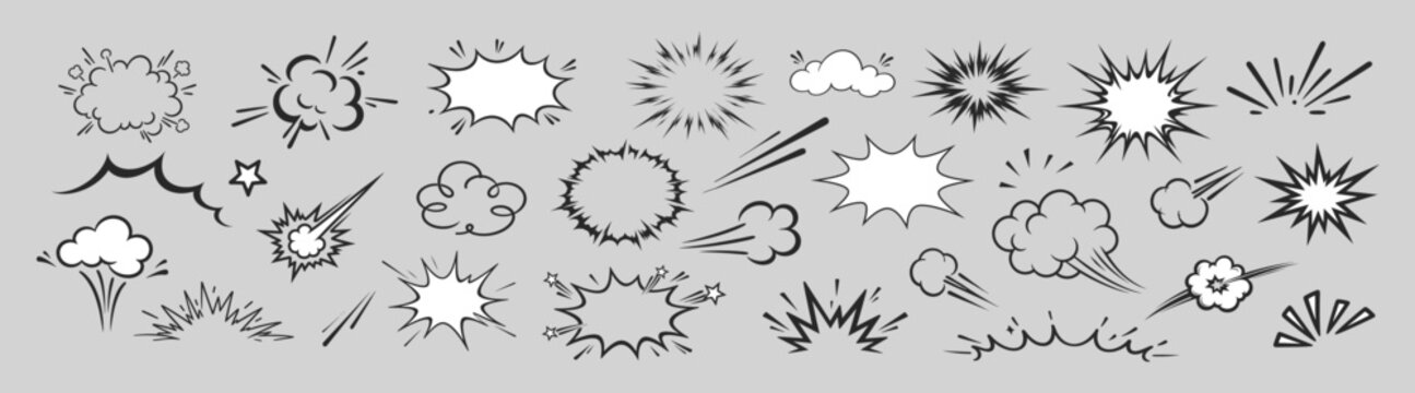 Comic boom burst, explosive motion line elements, speed effect, explosive smoke, cartoon vector icon set, hand drawn dynamic action elements