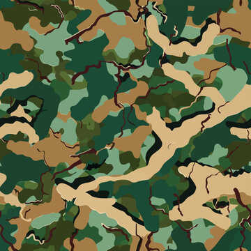 Seamless camouflage pattern with dinosaurs hidden in jungle foliage. Stylized prehistoric animals blended with abstract camo shapes in earthy green tones, ideal for textiles, prints and adventurous de