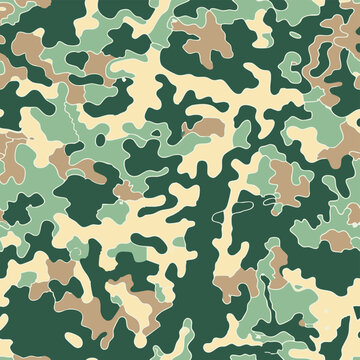 Seamless camouflage pattern with dinosaurs hidden in jungle foliage. Stylized prehistoric animals blended with abstract camo shapes in earthy green tones, ideal for textiles, prints and adventurous de
