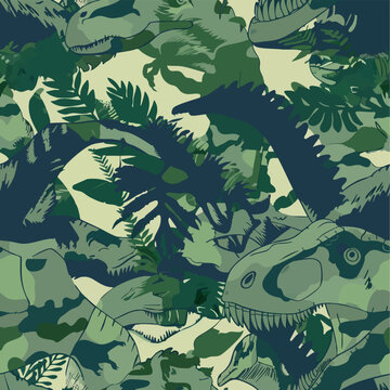 Seamless camouflage pattern with dinosaurs hidden in jungle foliage. Stylized prehistoric animals blended with abstract camo shapes in earthy green tones, ideal for textiles, prints and adventurous de