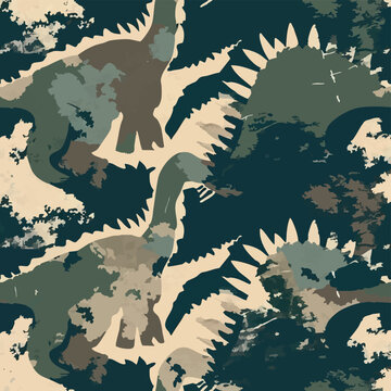 Seamless camouflage pattern with dinosaurs hidden in jungle foliage. Stylized prehistoric animals blended with abstract camo shapes in earthy green tones, ideal for textiles, prints and adventurous de