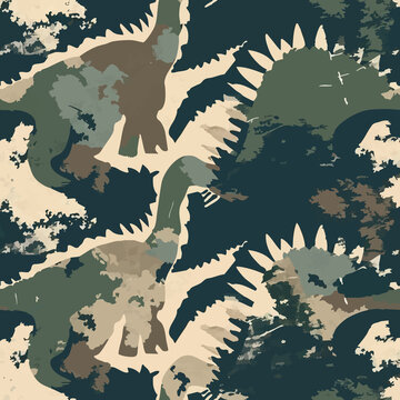 Seamless camouflage pattern with dinosaurs hidden in jungle foliage. Stylized prehistoric animals blended with abstract camo shapes in earthy green tones, ideal for textiles, prints and adventurous de