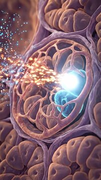Pancreas cell insulin hormone medical illustration biology science 3d render concept glowing light spark particle effect detailed cross section microscopic secretion research background abstract art