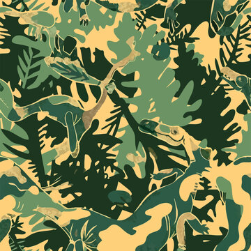 Seamless camouflage pattern with dinosaurs hidden in jungle foliage. Stylized prehistoric animals blended with abstract camo shapes in earthy green tones, ideal for textiles, prints and adventurous de