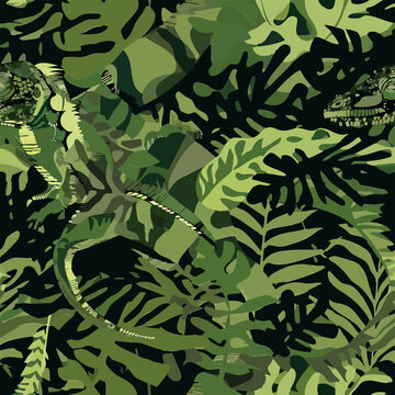 Seamless camouflage pattern with dinosaurs hidden in jungle foliage. Stylized prehistoric animals blended with abstract camo shapes in earthy green tones, ideal for textiles, prints and adventurous de