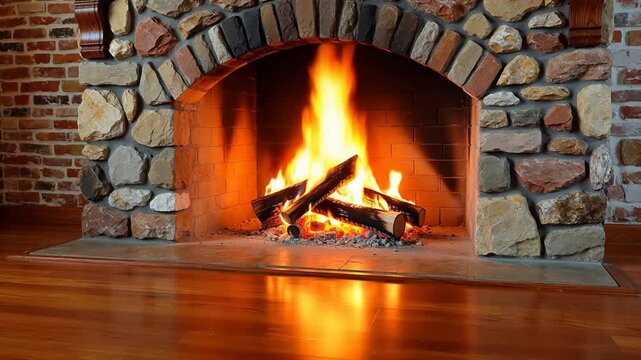 Stone fireplace with burning logs