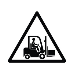 A black and white triangular warning sign depicts a silhouette of an operating forklift truck high quality professional detailed © Bar