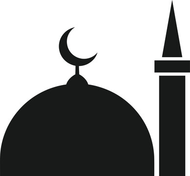 Mosque dome with crescent moon and minaret silhouette, Islamic architecture symbol, Ramadan Kareem background, Eid Mubarak greeting design, vector illustrationMosque dome with crescent moon and minare