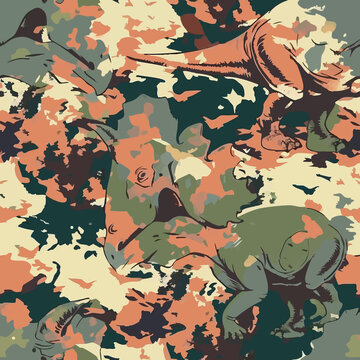 Seamless camouflage pattern with dinosaurs hidden in jungle foliage. Stylized prehistoric animals blended with abstract camo shapes in earthy green tones, ideal for textiles, prints and adventurous de