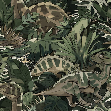 Seamless camouflage pattern with dinosaurs hidden in jungle foliage. Stylized prehistoric animals blended with abstract camo shapes in earthy green tones, ideal for textiles, prints and adventurous de