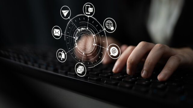 Email icons show digital communication, email service, and inbox management. Email supports online messaging, email notification, and secure exchange. Entice