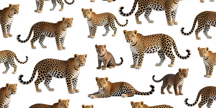 A repeating pattern of leopards and cubs walking, standing, sitting, or lying down in a realistic and colorful style on a white background.