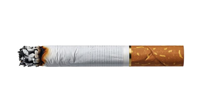 Burning cigarette with ash isolated on white background representing smoking addiction and health risk concept