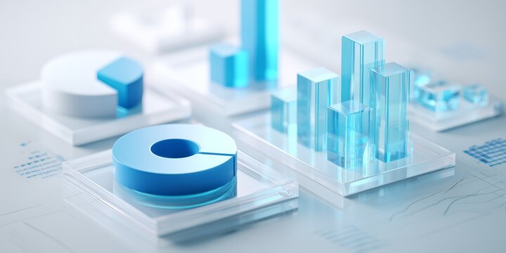 3D isometric data visualization with blue translucent glass bar charts and pie graphs on a clean white surface, concept for financial analytics, business reporting and data visualization presentation