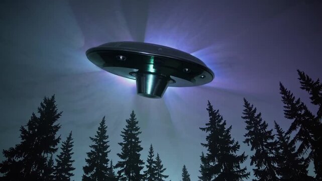 ufo hovering above pine forest green beam piercing canopy, mist drifting, silhouettes of tall evergreens, eerie teal lighting, suspenseful orbital motion suggesting alien visitation