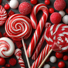 Red and white peppermint candy collection with striped lollipops and sweet sugar balls on