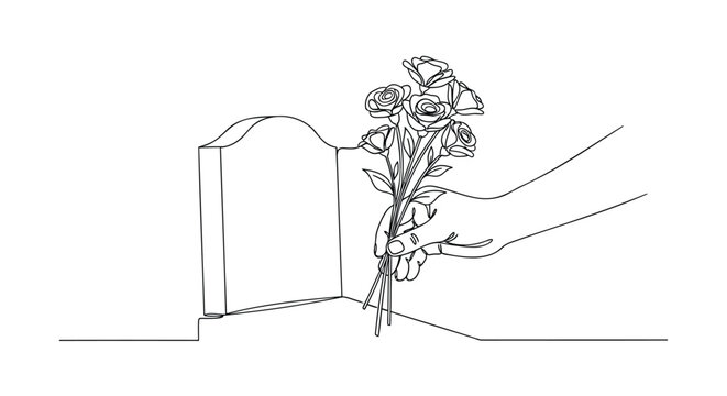 Vector illustration of hand holding flowers at gravestone