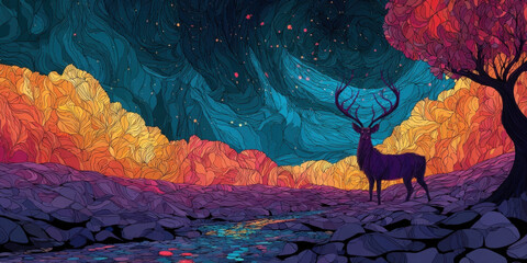 Surreal landscape with a large deer under a tree against a vibrant, stylized sky