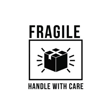 A black and white fragile shipping label depicting a box with radiating lines requesting careful handling high quality professional