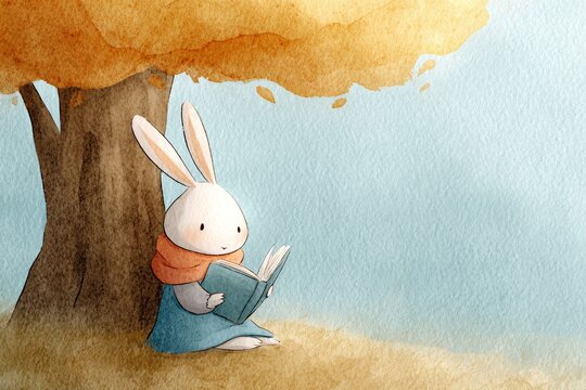Rabbit reading book under tree in park during autumn.