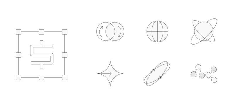 Abstract geometric line icons set featuring AI fintech globe atom and molecule. Stroke minimal Y2K symbols outline style. Web design app interfaces presentations branding infographics dashboards