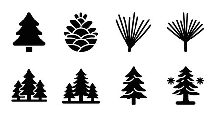 Obraz premium Pine Tree Icons: Pinecone, Needles, Forest Silhouette, Winter Snowflakes