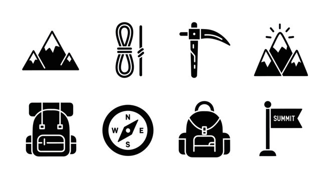 Mountain Climbing Icons: Backpack, Compass, Rope, Ice Axe, Flag, Peaks