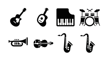 Set of musical instrument icons: guitar, piano, drums, trumpet, violin, saxophone © MHM99